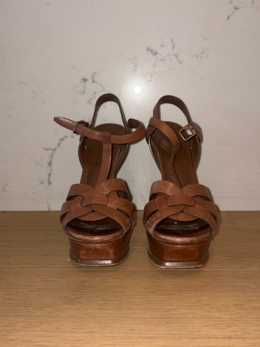 Saint Laurent Tan Leather Braided Platform Sandals